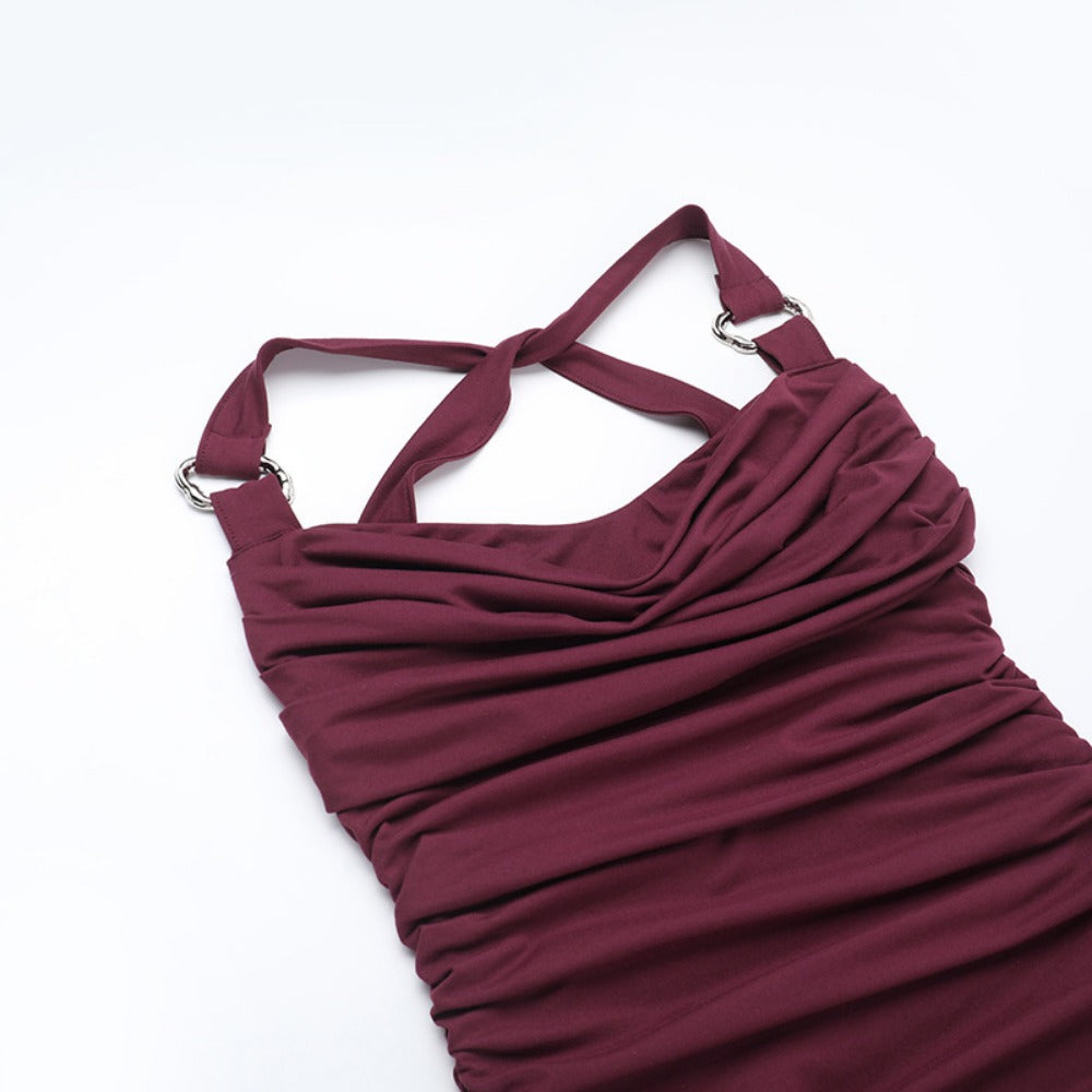 Burgundy Maxi Dress with Draped Neckline for Women - Rosella