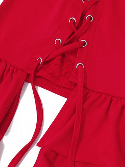 Top bandeau con tirantes delanteros y volantes estilo vintage en color rojo