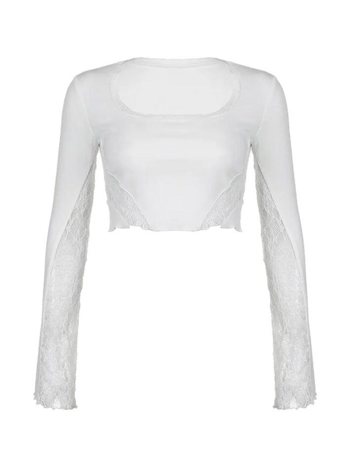 White Y2K Lace Splice U Neck Cropped Long Sleeve Top