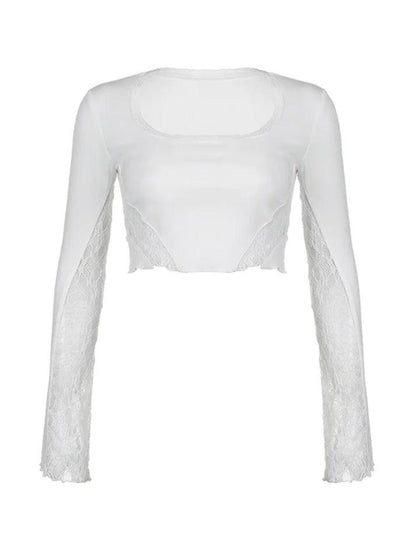 White Y2K Lace Splice U Neck Cropped Long Sleeve Top