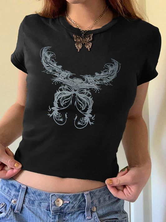 Black Vintage Feather Wings Hand Printed Tee