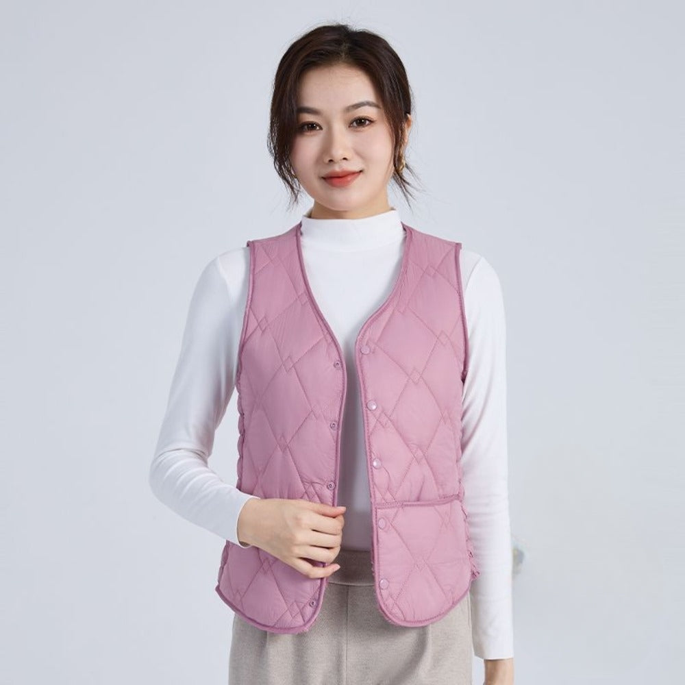 Quilted Puffer Vest with Button Closure for Women - Melissa