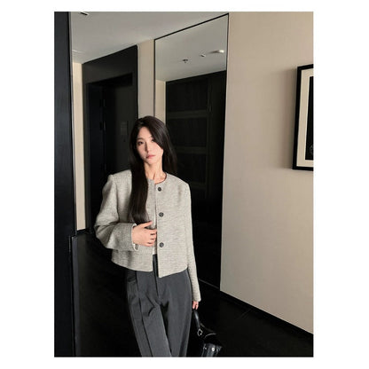 Grey Button Front Cropped Blazer Jacket for Women - Silvia