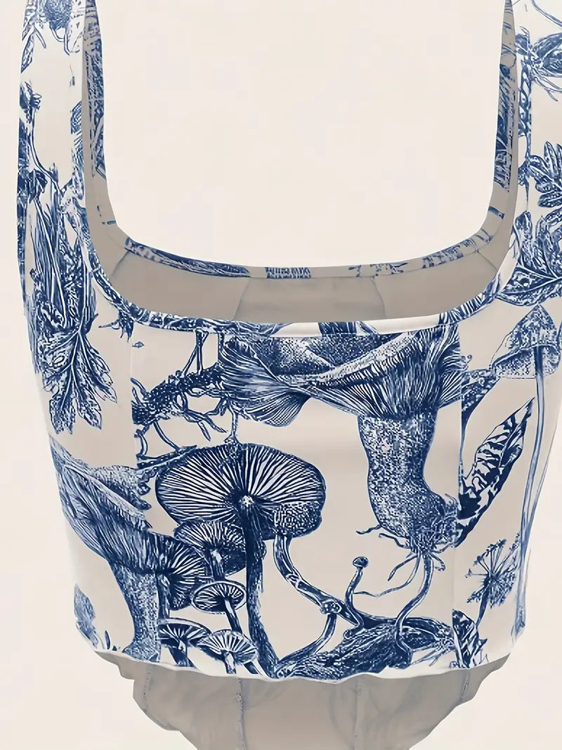 Blue Plant Print Sleeveless Tank Top