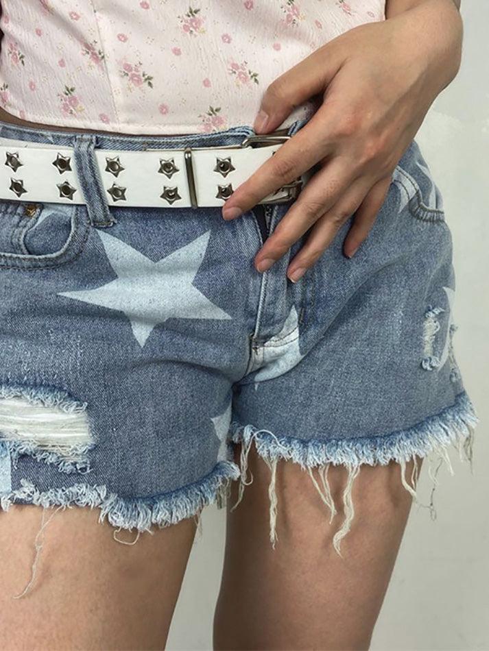 Shorts vaqueros de tiro bajo con rotos y estampado de estrellas azules Y2K