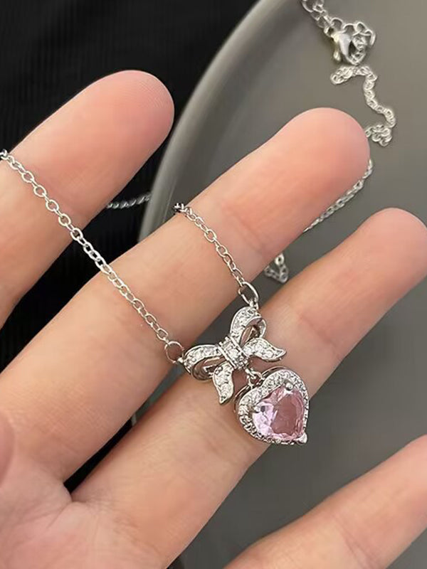 Pink Y2K Glittering Bow Heart Pendant Necklace