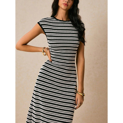 Black White Striped Midi Dress with Cap Sleeves for Women - Alba