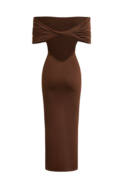 Brown Twisted Backless Off Shoulder Maxi Dress