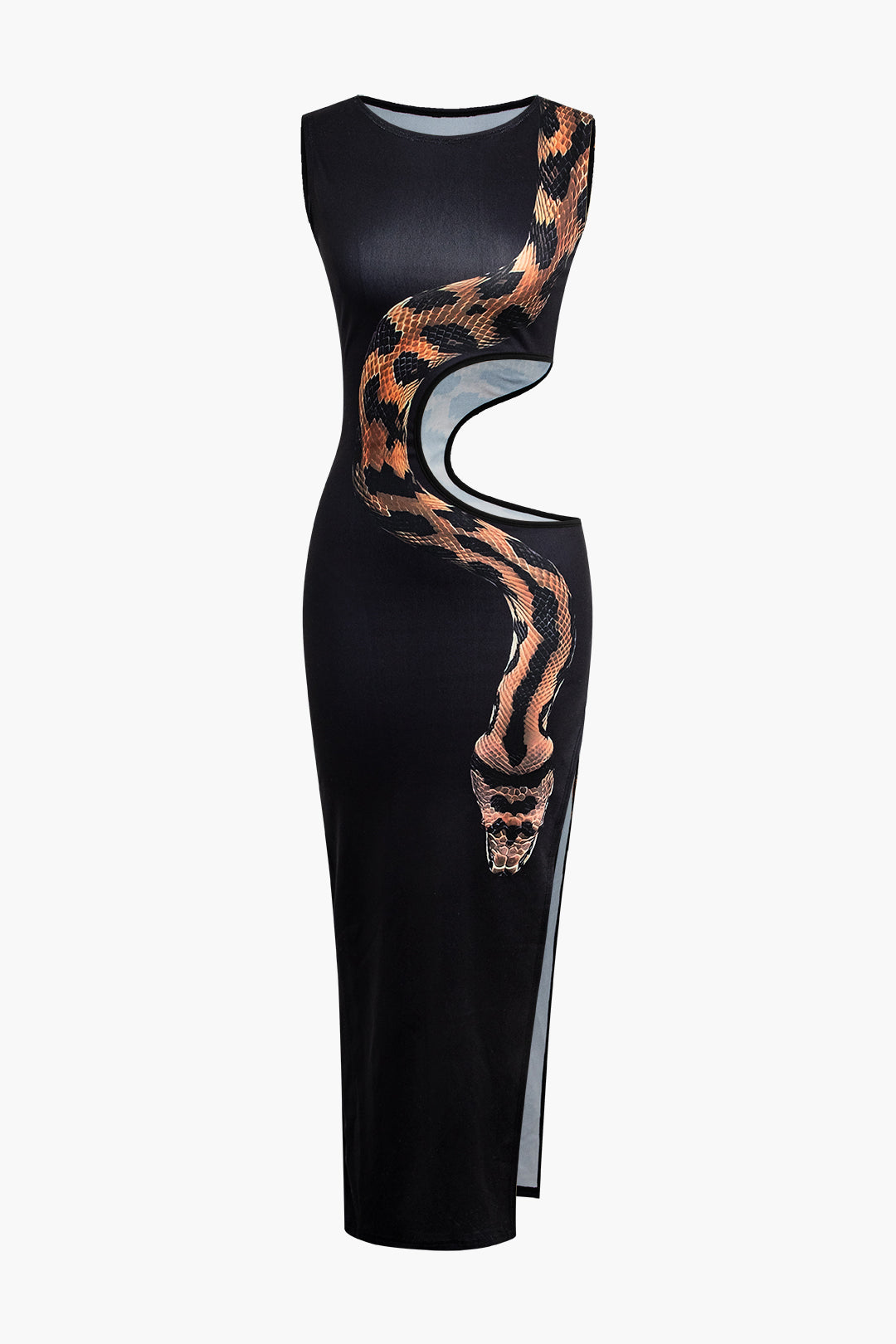 Black Snake Print Cut Out Sleeveless Slit Maxi Dress