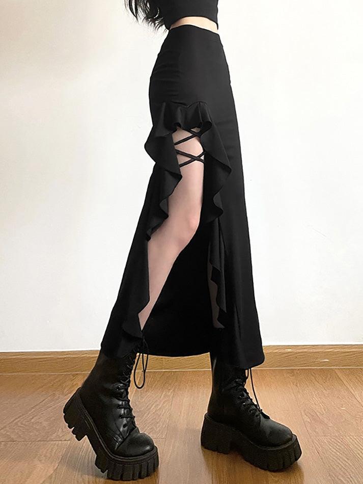 Black Punk High Waist Irregular Split Goth Skirt