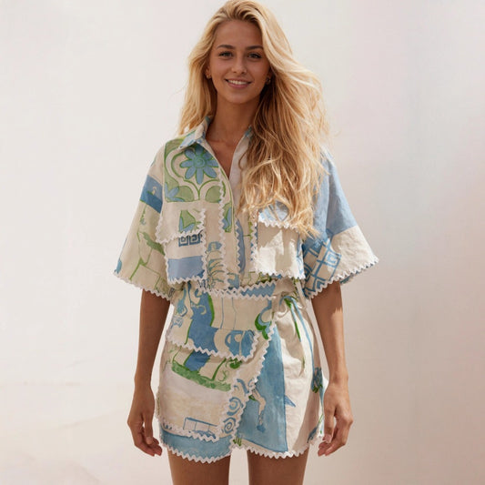 Blue and Green Printed Two Piece Set for Women- Erika