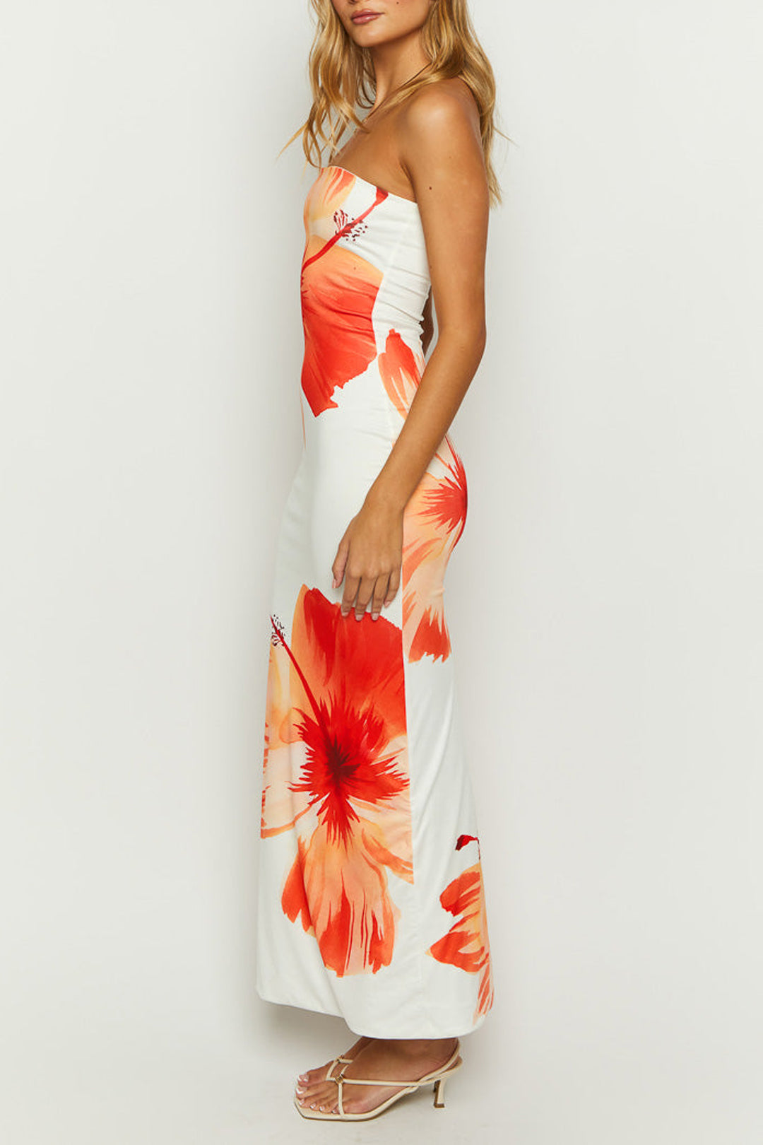 Sunny Sweet Floral Cascade Strapless Slim Midi Dress