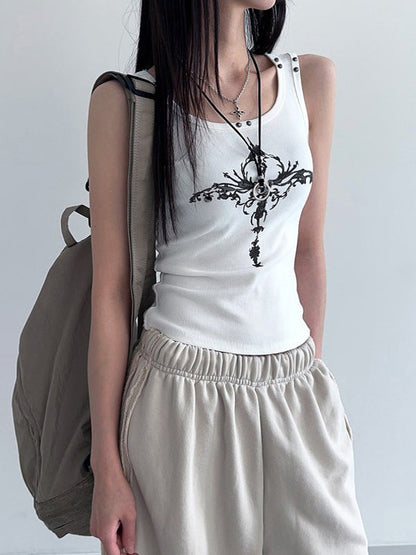 White Gothic Print Rivet Tank Top