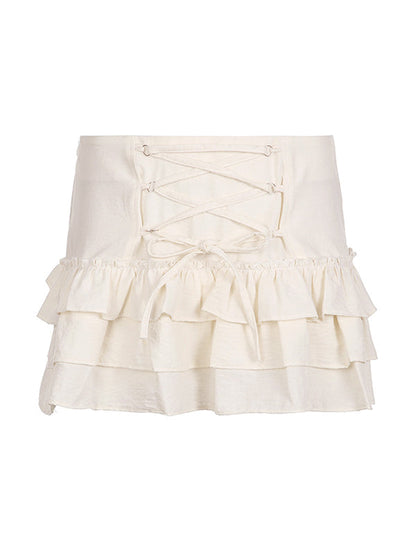 White Crossover Tie Up Ruffle Hem Splice Tiered Mini Skirt