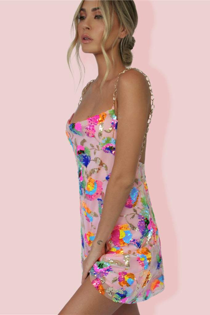 Sequin Floral Mini Dress with Chain Straps for Women - Viviana