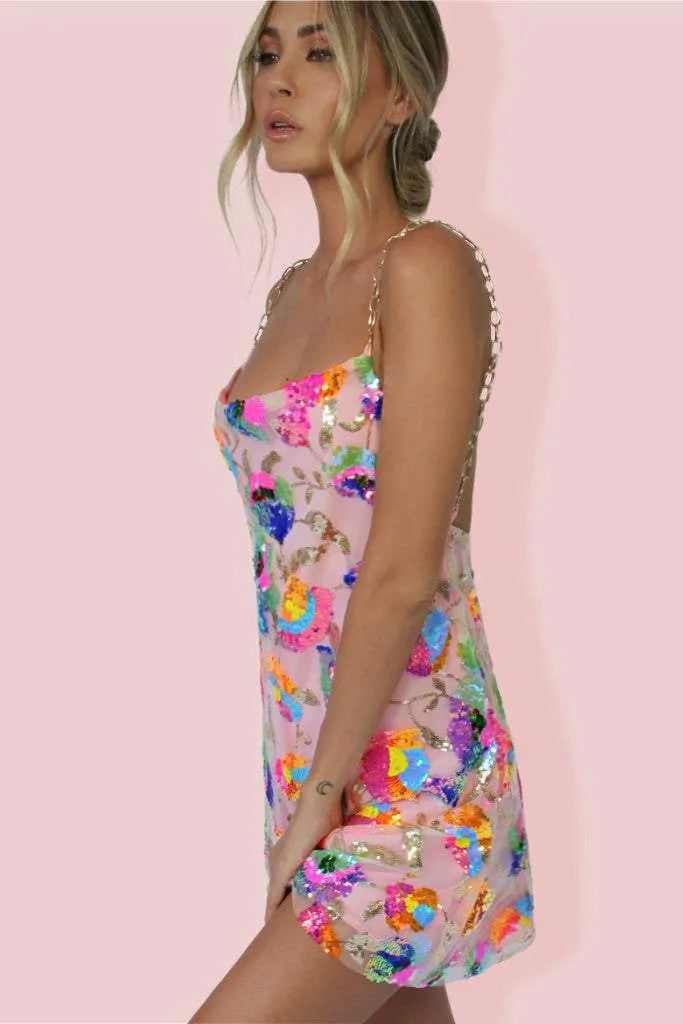 Sequin Floral Mini Dress with Chain Straps for Women - Ylenia