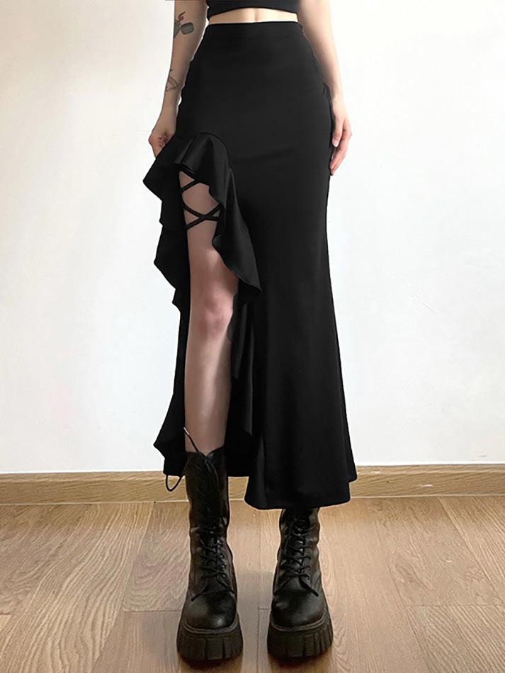 Black Punk High Waist Irregular Split Goth Skirt