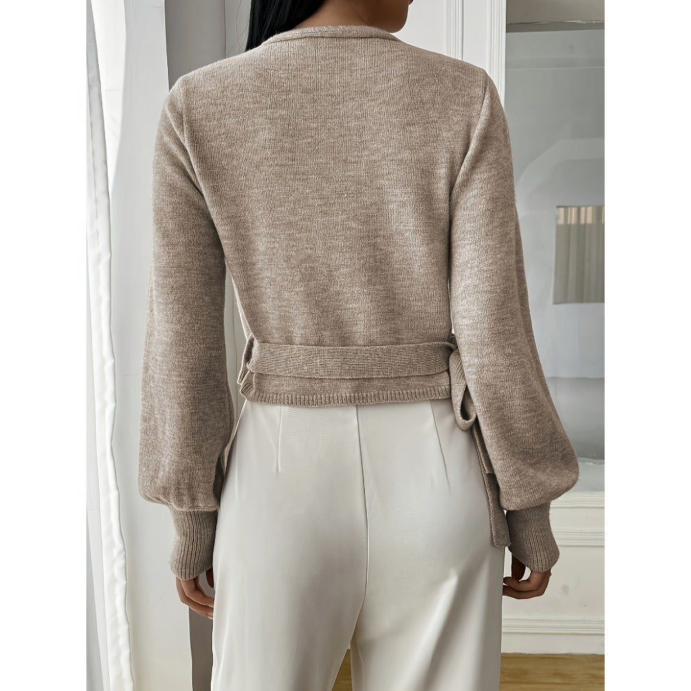 Beige Wrap Knit Sweater with Long Sleeves for Women - Clara