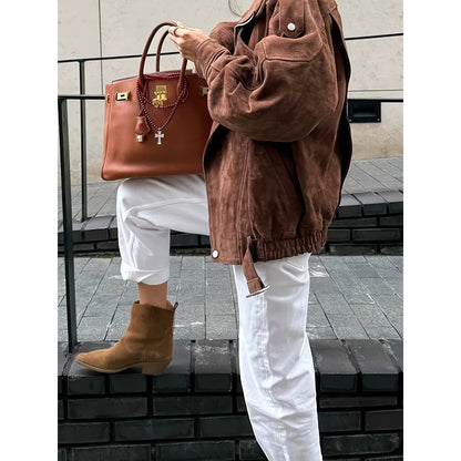 Brown Faux Suede Biker Jacket for Women - Daniela