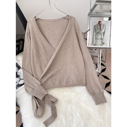 Beige Wrap Knit Sweater with Long Sleeves for Women - Clara