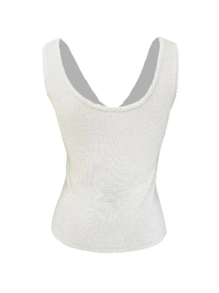 Beige Vintage Stitching V Neck Bow Tank Top