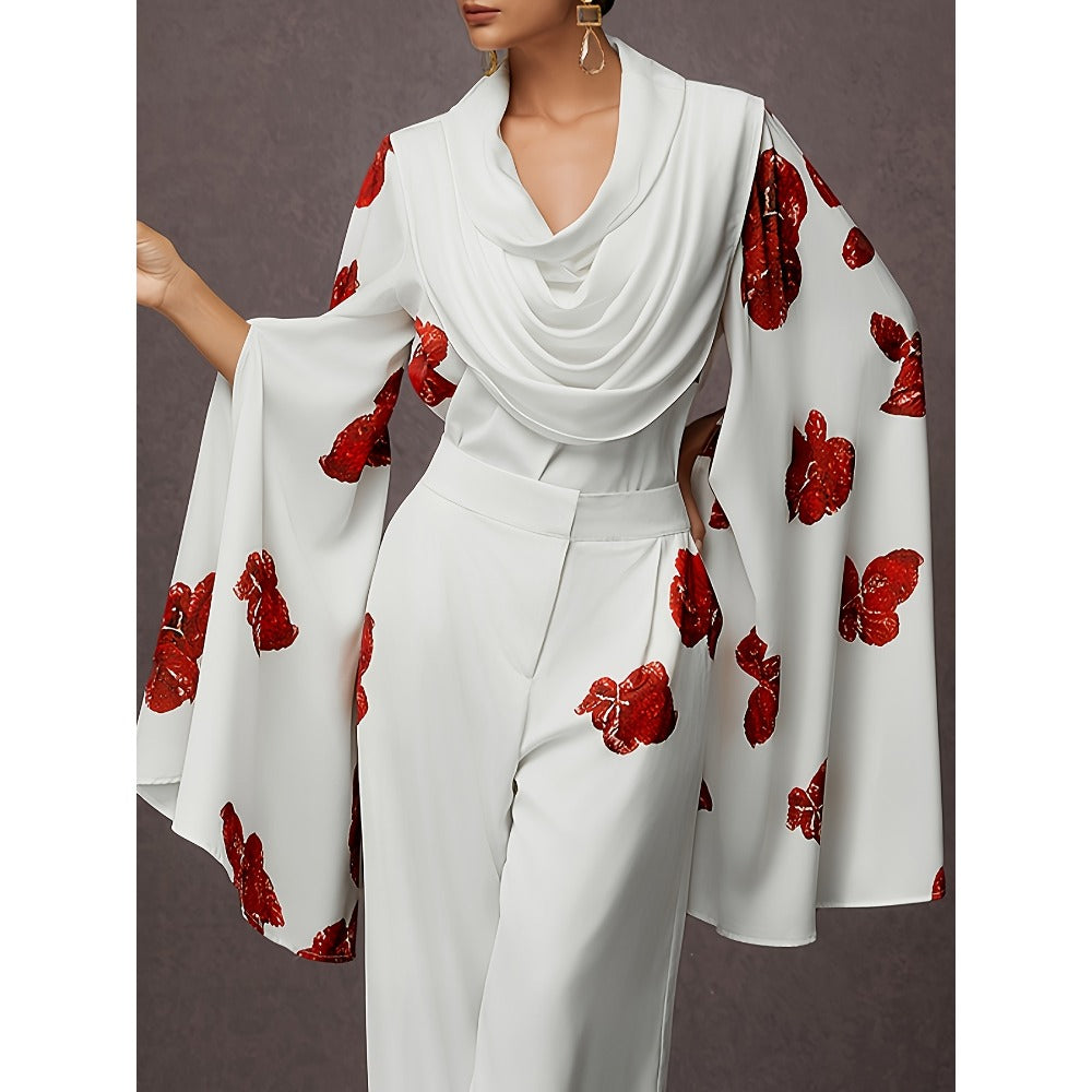 White Draped Long Sleeve Shirt with Red Floral Print for Women - Adelaide