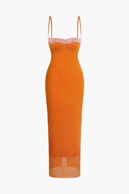 Vestido midi de tirantes con ribete de encaje naranja