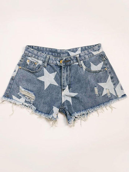 Shorts vaqueros de tiro bajo con rotos y estampado de estrellas azules Y2K