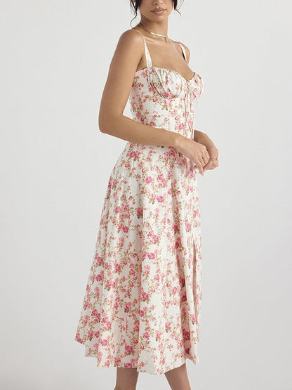 French Ditsy Floral Print Breasted Slim Midi Dress