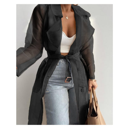 Sheer Long Sleeve Trench Coat with Belt for Women - Diana