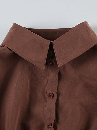 Brown Vintage Slim Fit Pleated Short Sleeve Shirt