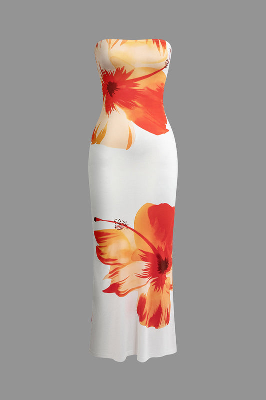 Sunny Sweet Floral Cascade Strapless Slim Midi Dress