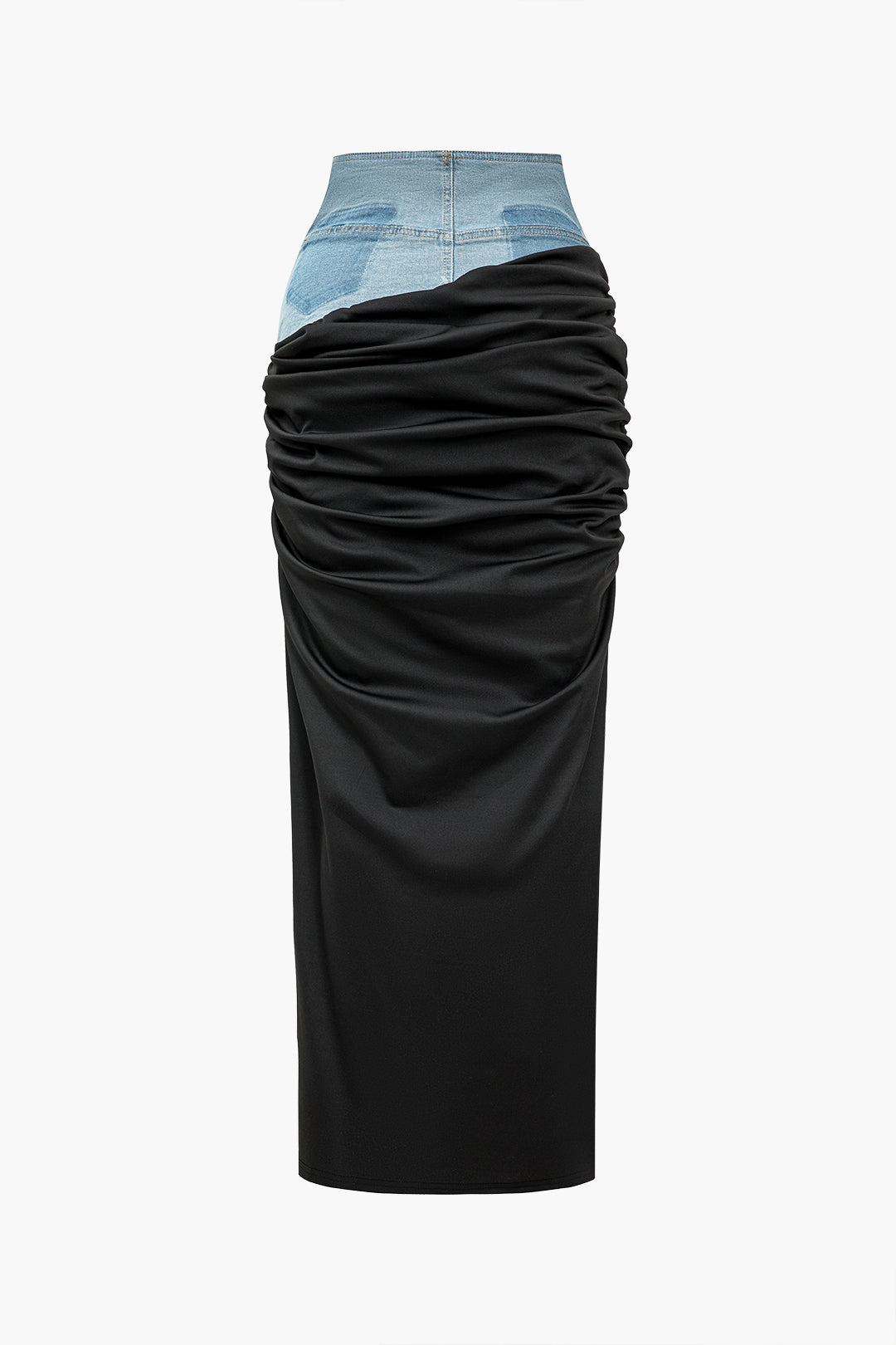 Classic Denim Patchwork Color Block Ruched Zipper Skirt