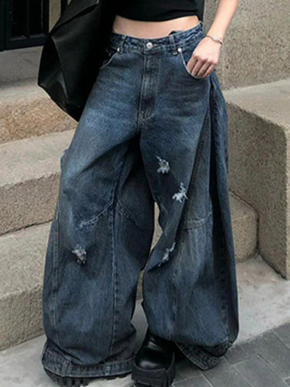 Blue Retro Distressed Dirty Dyed Wide Legs Boyfriend Jeans