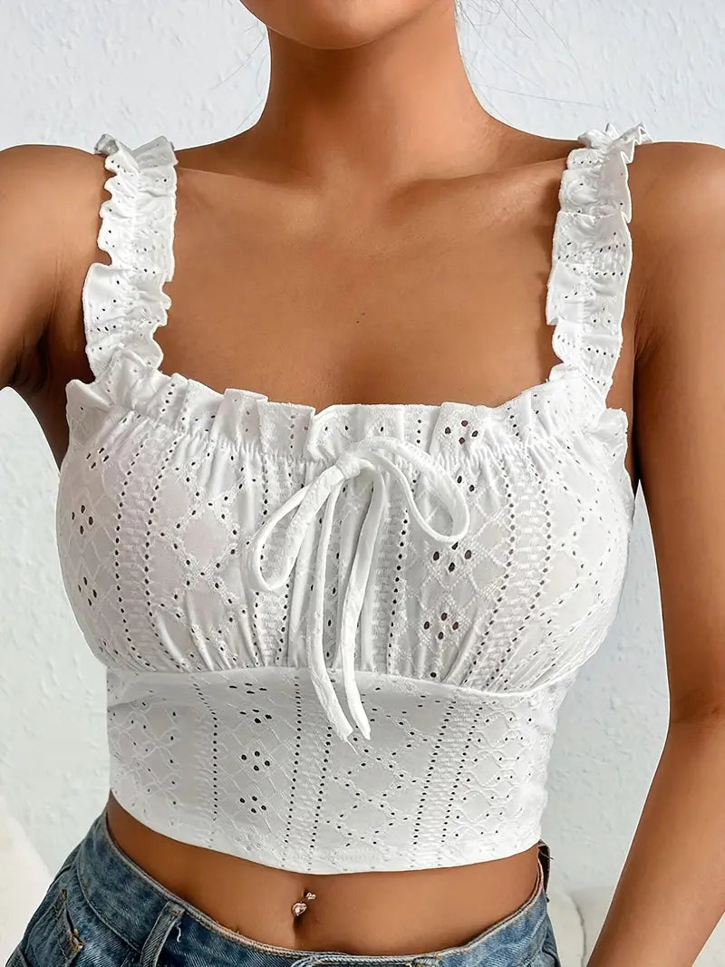 Vintage Eyelet Coquette Trim Tie Front Crop Cami Top