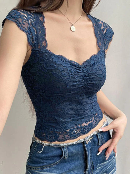 Navy Blue Vintage Lace Slim Short Sleeve Tee