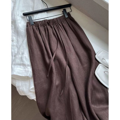 Wide Leg Linen Pants with Drawstring for Women - Monica