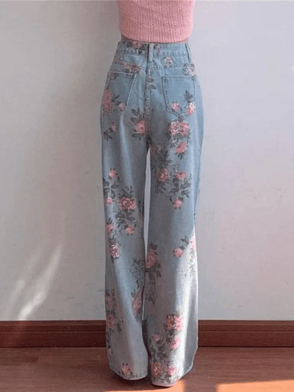 Y2K High Rise Boyfriend Jeans with Floral Print