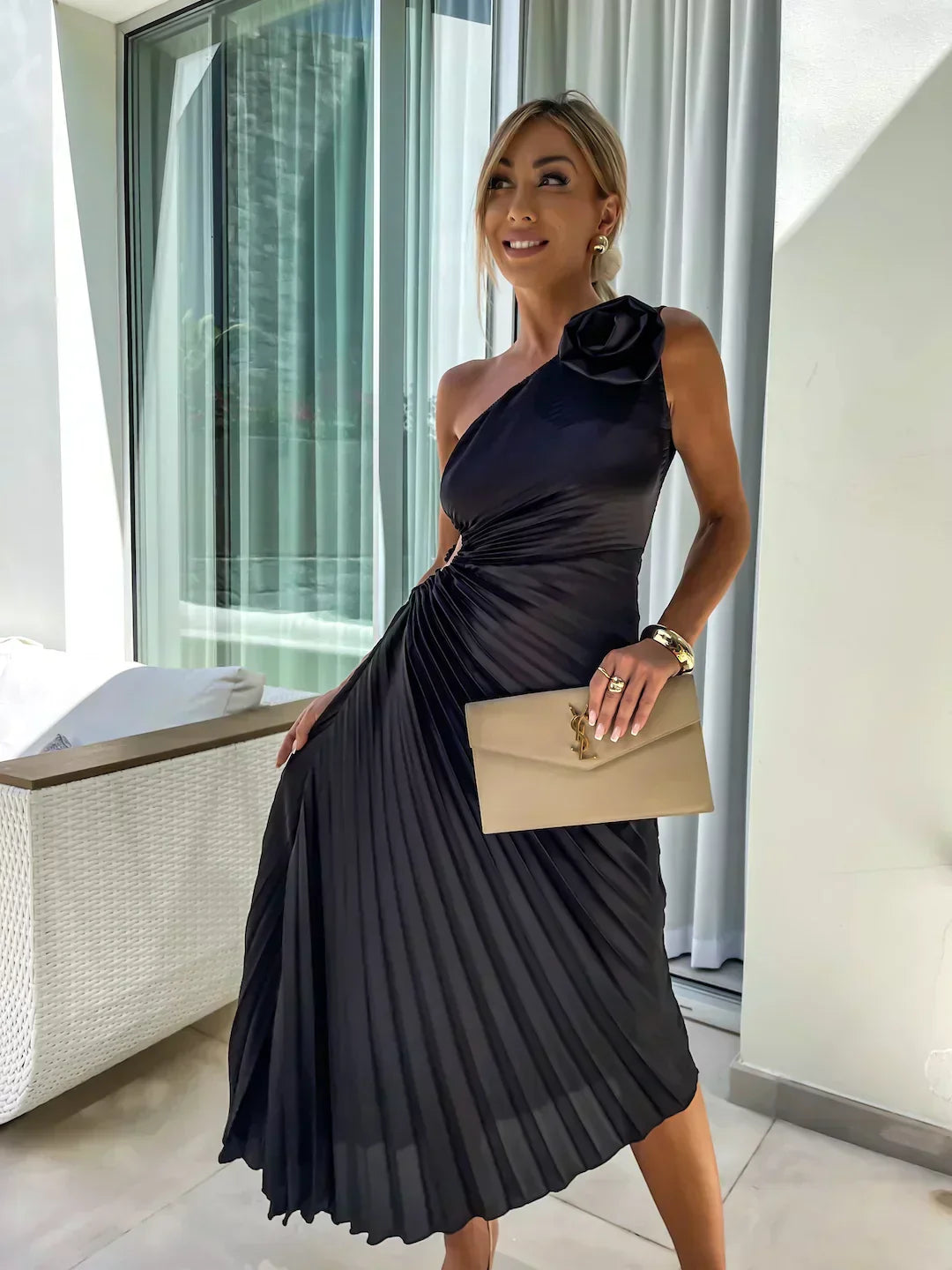 Party One Shoulder Dress | Pleated