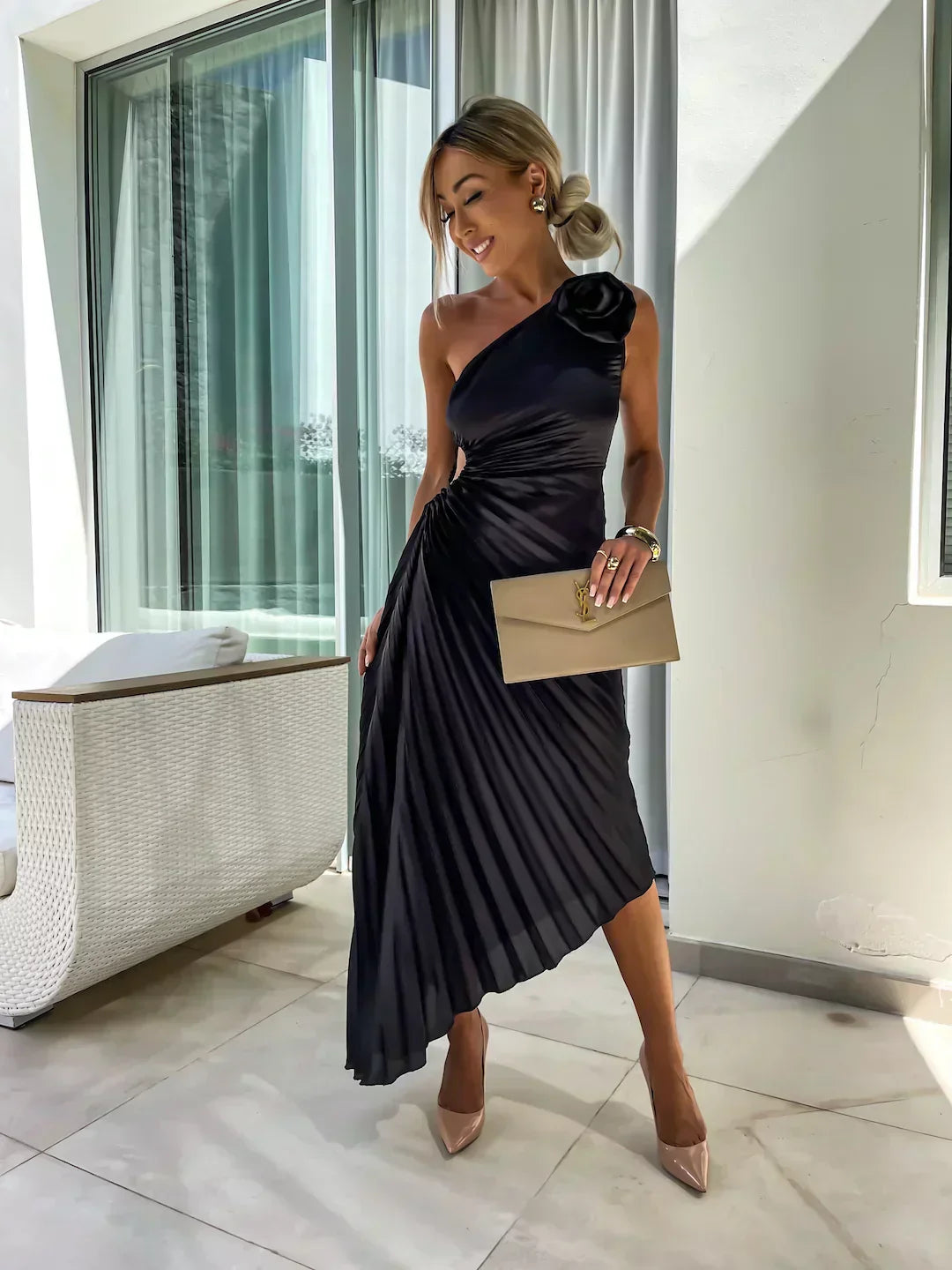 Party One Shoulder Dress | Pleated
