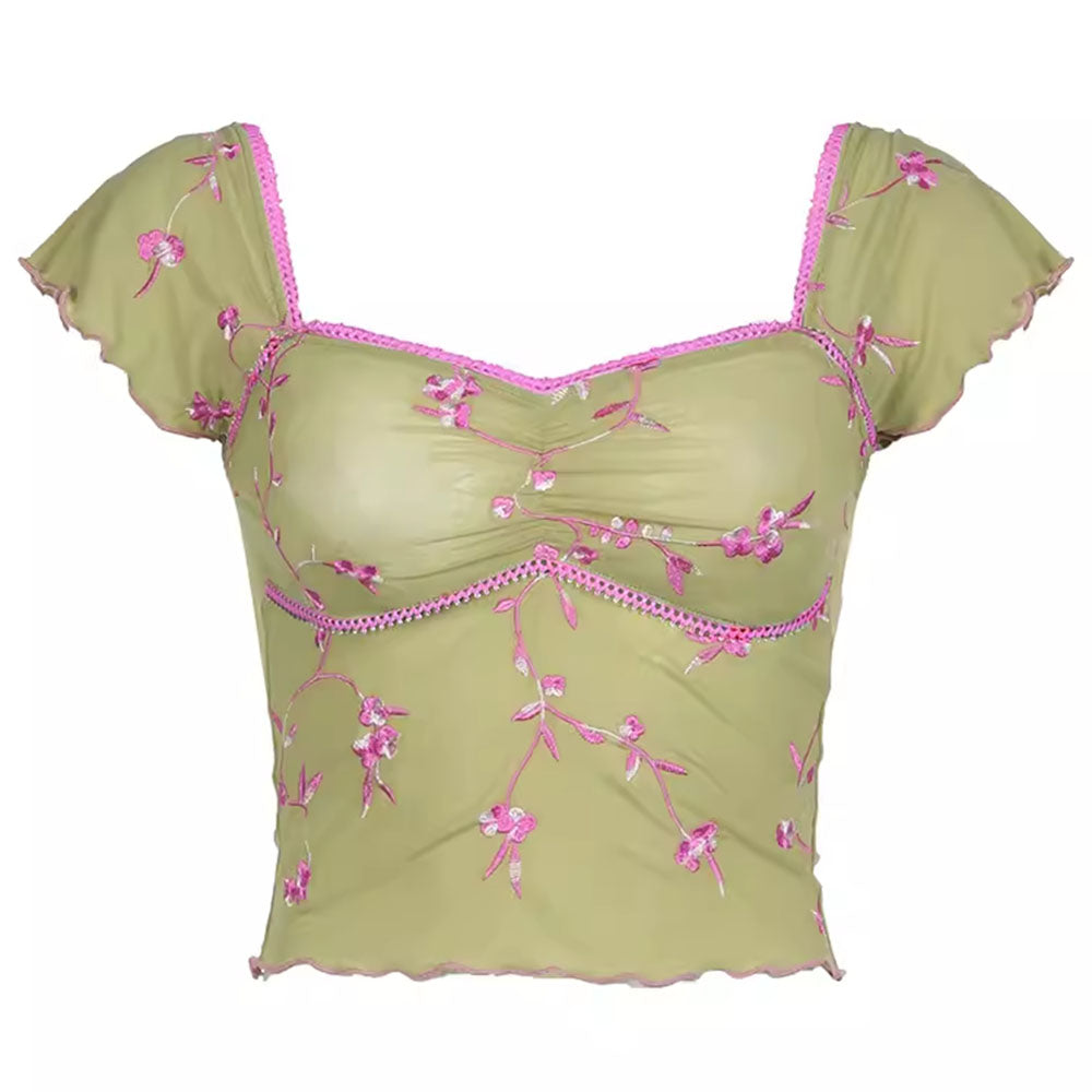 Top corto de malla con estampado floral francés verde de verano