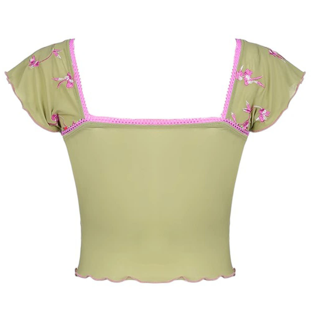 Green French Summer Floral Print Mesh Crop Top