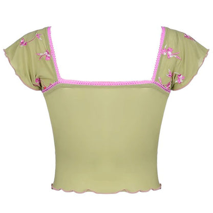 Top corto de malla con estampado floral francés verde de verano