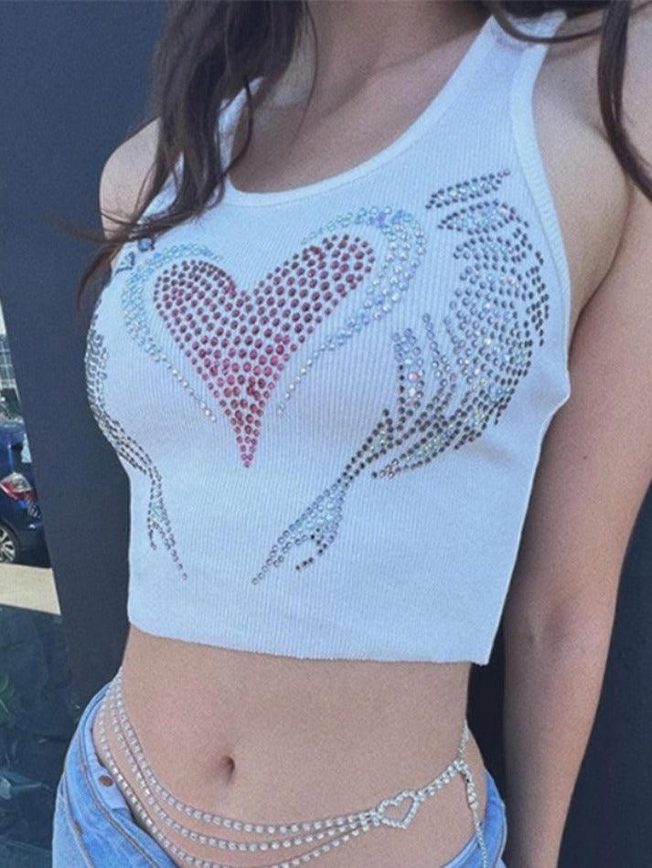 Heart Rhinestone Vintage U Neck Slim Crop Tank Top