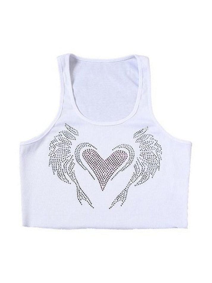 Heart Rhinestone Vintage U Neck Slim Crop Tank Top