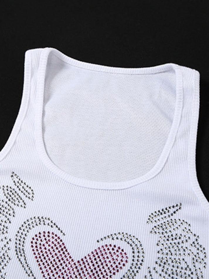 Heart Rhinestone Vintage U Neck Slim Crop Tank Top