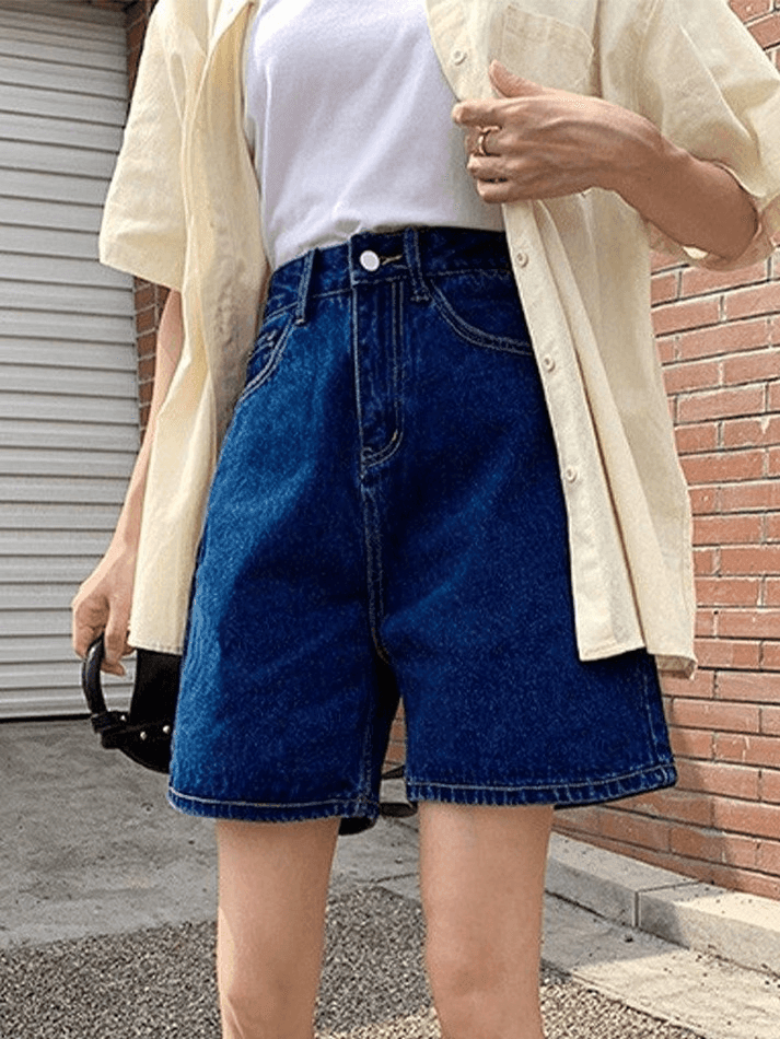 Blue Retro Denim High Waist Straight Leg Shorts