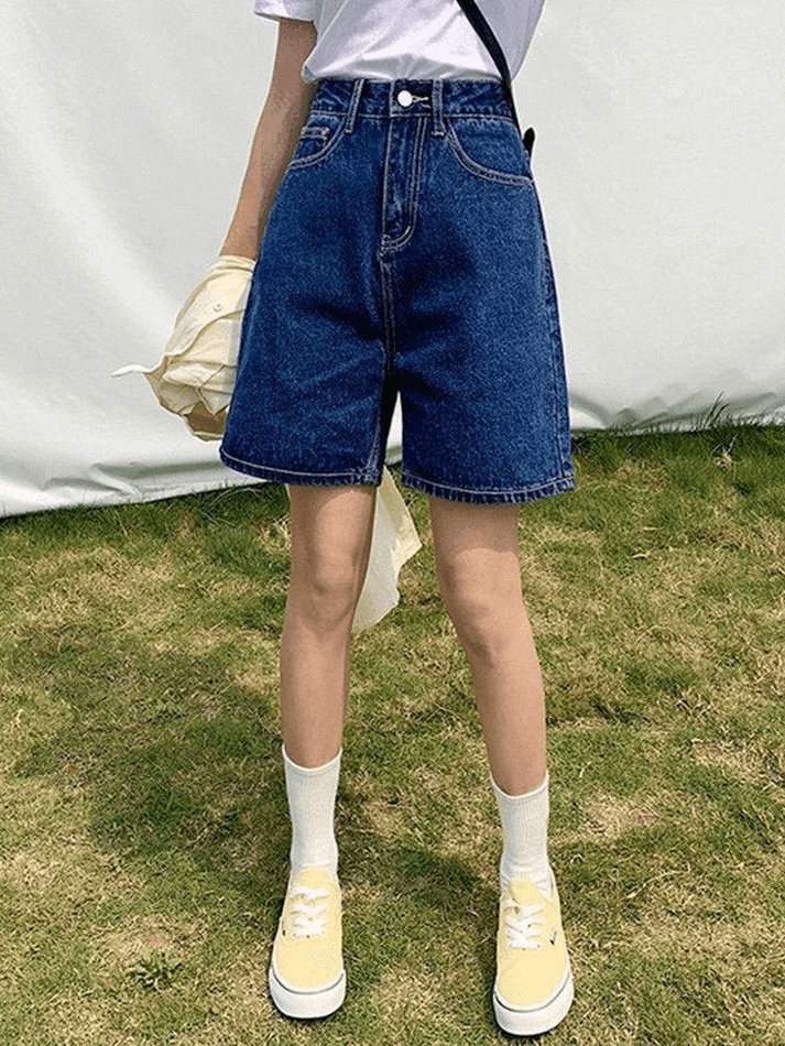 Blue Retro Denim High Waist Straight Leg Shorts