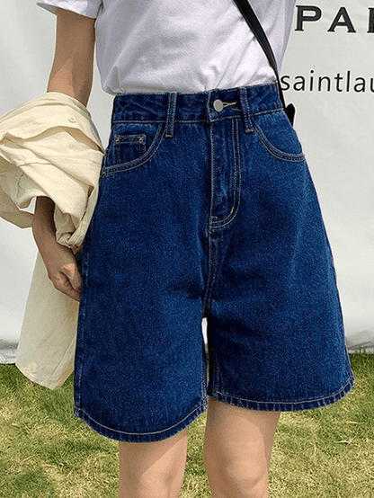 Blue Retro Denim Pantalina recta de la cintura alta