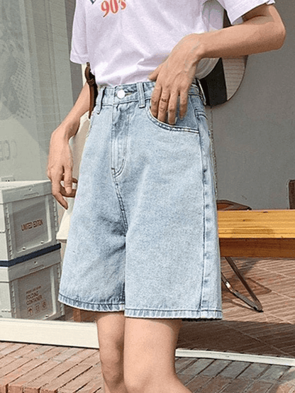 Blue Retro Denim High Waist Straight Leg Shorts